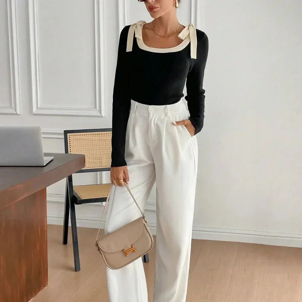 Black Casual Women's ' Contrast Color Tie Front Long Sleeve Sweater - Picture 6 of 6